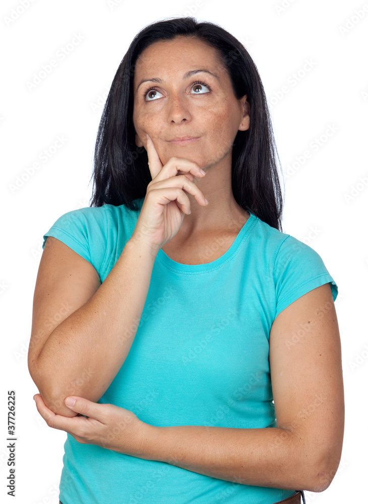 Pensive woman with blue t-shirt Pensive woman with blue t-shirt