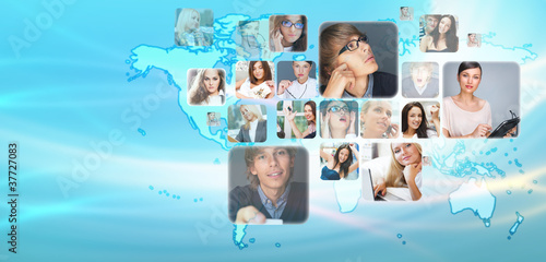 Graphic design background. World map and photo of different peop photo