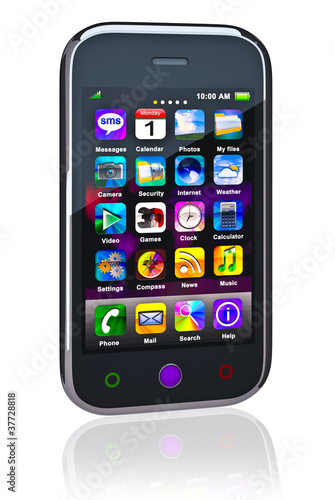 Touchscreen smart phone. Cell Smart Mobile Phone 3D. On the whit