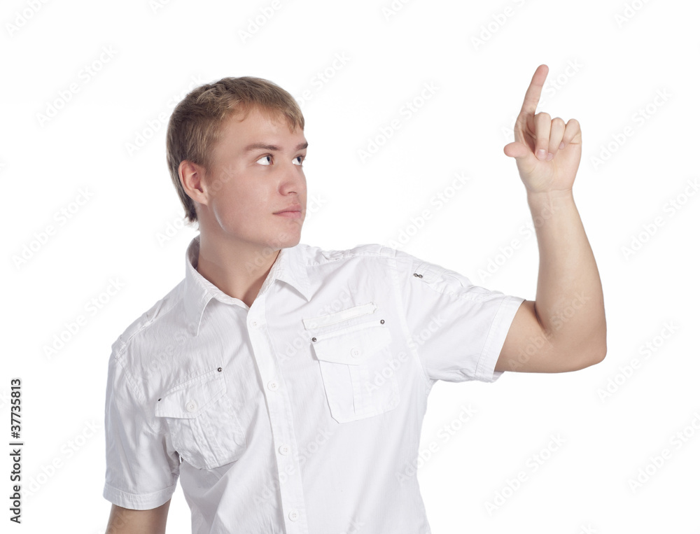 Portrait of a confident businessman pushing on invisible touch b Portrait of a confident businessman pushing on invisible touch b