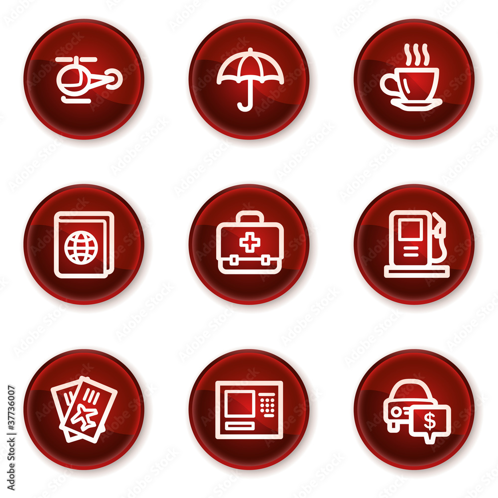 Travel web icons set 4, dark red circle buttons