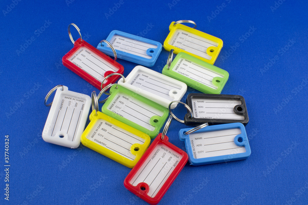 Foto Stock Etichette per chiavi in plastica colorata