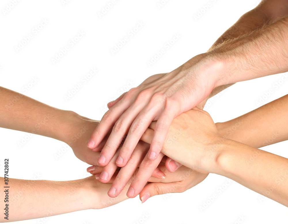 group of young people's hands isolated on white