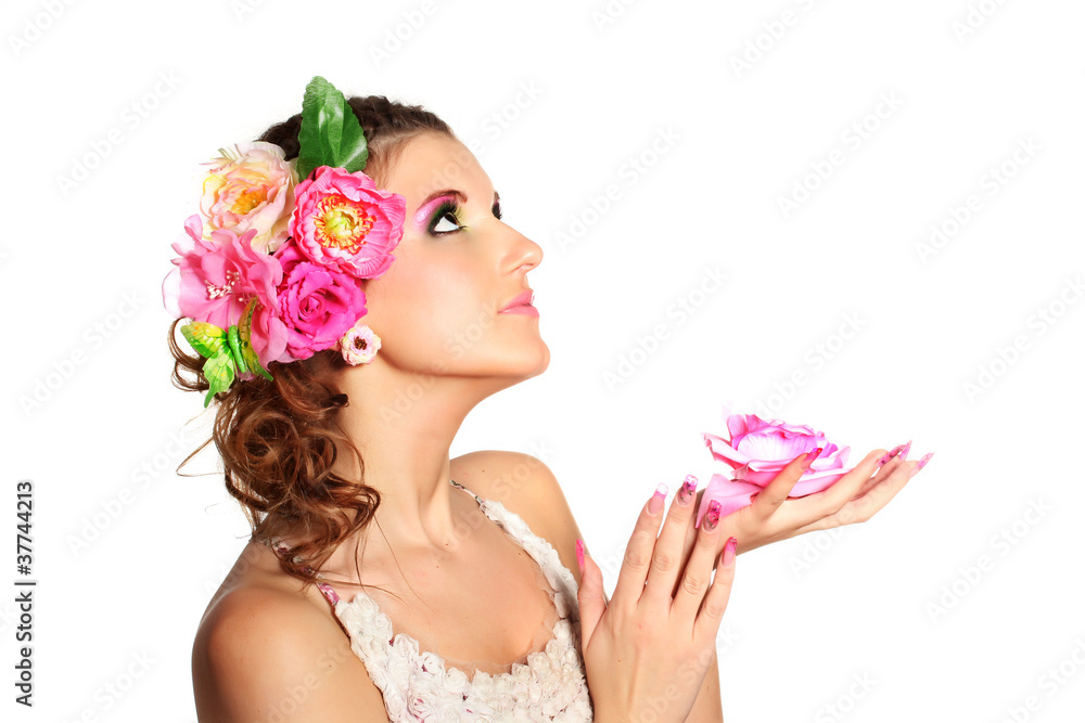 Fototapeta premium Beautiful girl with flowers in her hair isolated