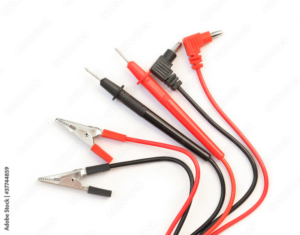 Red and black probe of multimeter on white background Red and black probe of multimeter on white background