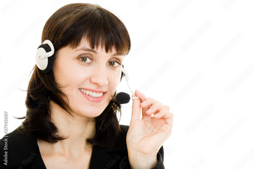 Young beautiful call center female operator portrait isolated Young beautiful call center female operator portrait isolated
