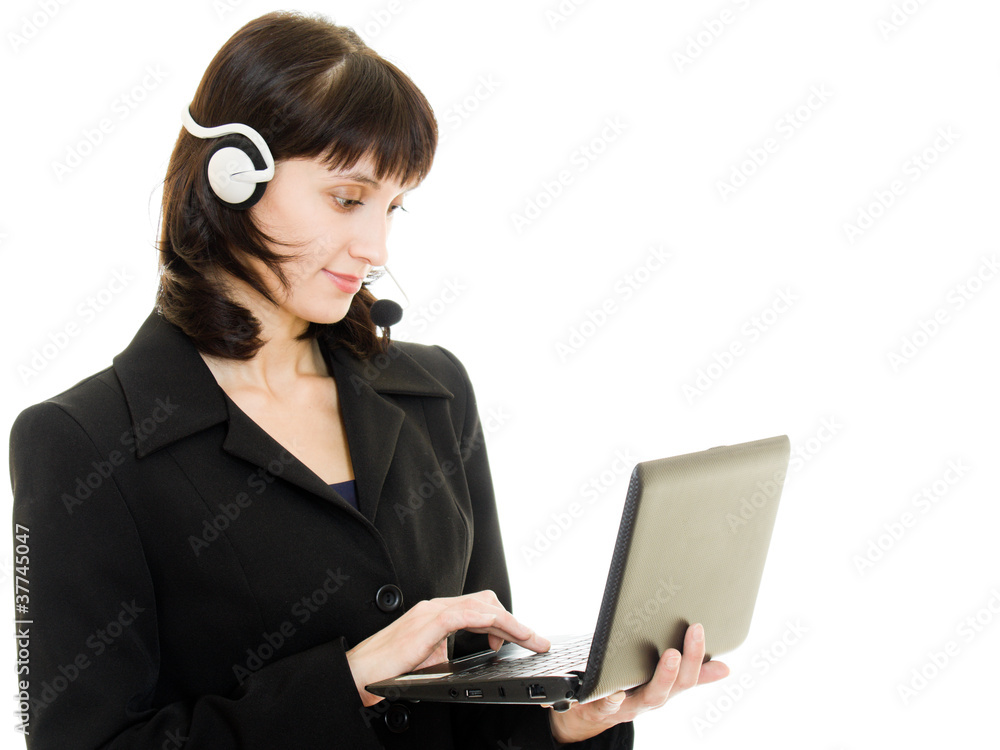 Young beautiful call center female operator portrait isolated Young beautiful call center female operator portrait isolated