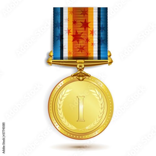 Gold medal with ribbon on white