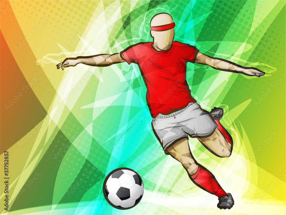 Soccer player kicking a ball on abstract background