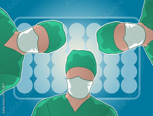 Three doctors looking over a patient in an operating room
