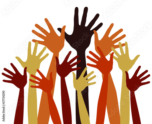 Large group of happy hands vector drawing.