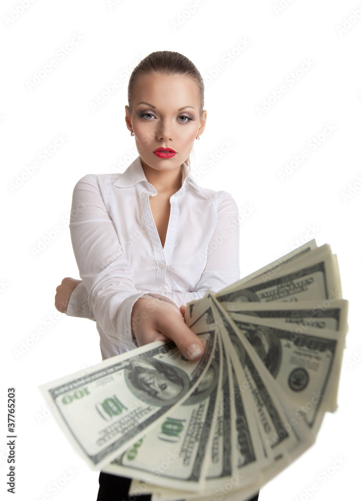 young business woman offer a bundle of money young business woman offer a bundle of money