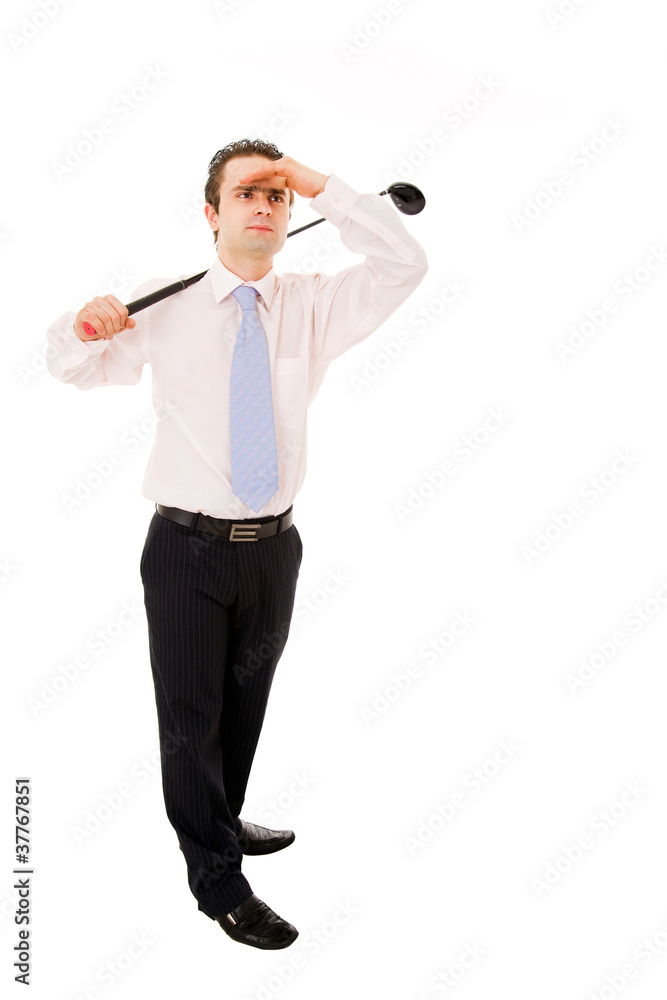 Young business man swinging a golf club isolated over white back Young business man swinging a golf club isolated over white back