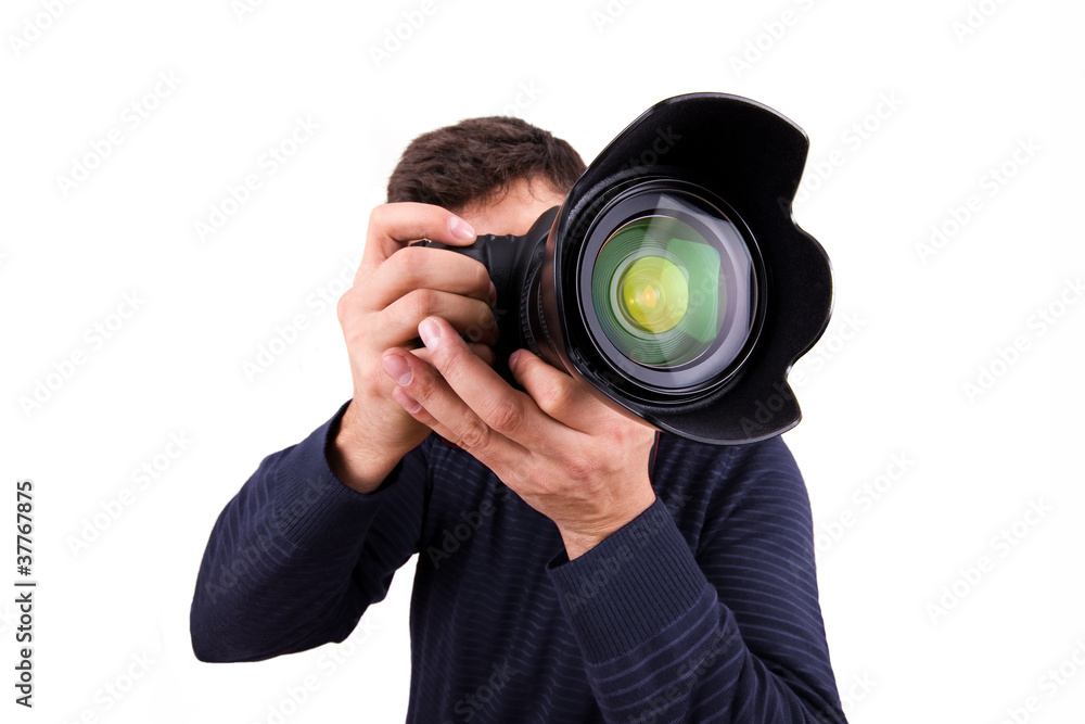 Professional photographer with camera on white background Professional photographer with camera on white background