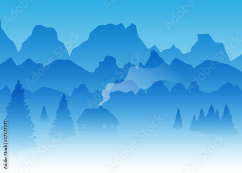 Vector Mountains with Pine Trees and a Log Natural Landscape Ill