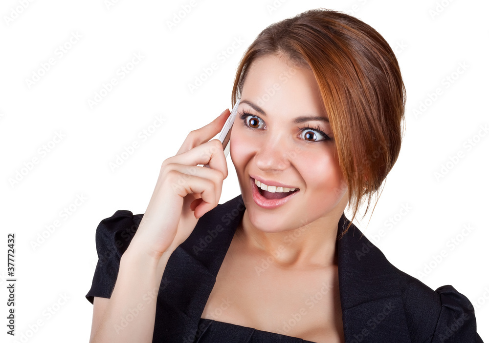 Cheerful business woman said by mobile phone Cheerful business woman said by mobile phone