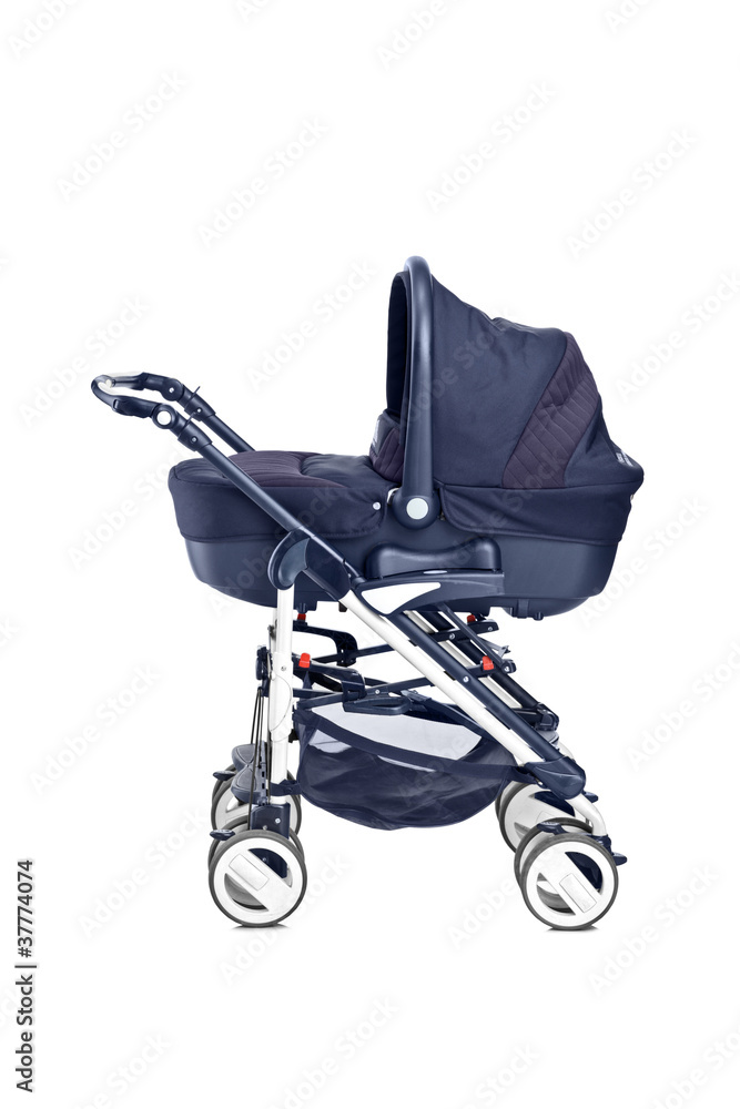 A studio shot of a modern baby stroller A studio shot of a modern baby stroller