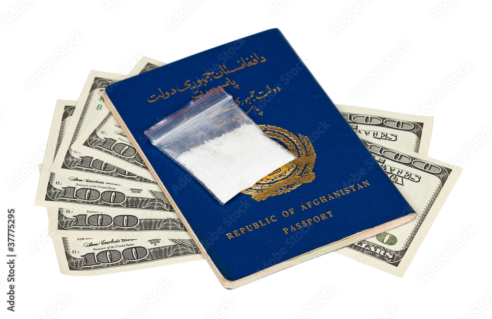 Fototapeta premium Package with drug over the Afghan passport and U.S. dollars