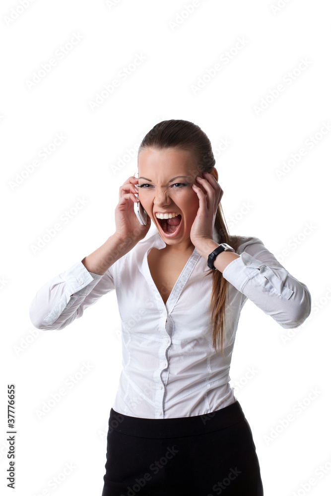 Anger young business woman scream on cell Anger young business woman scream on cell