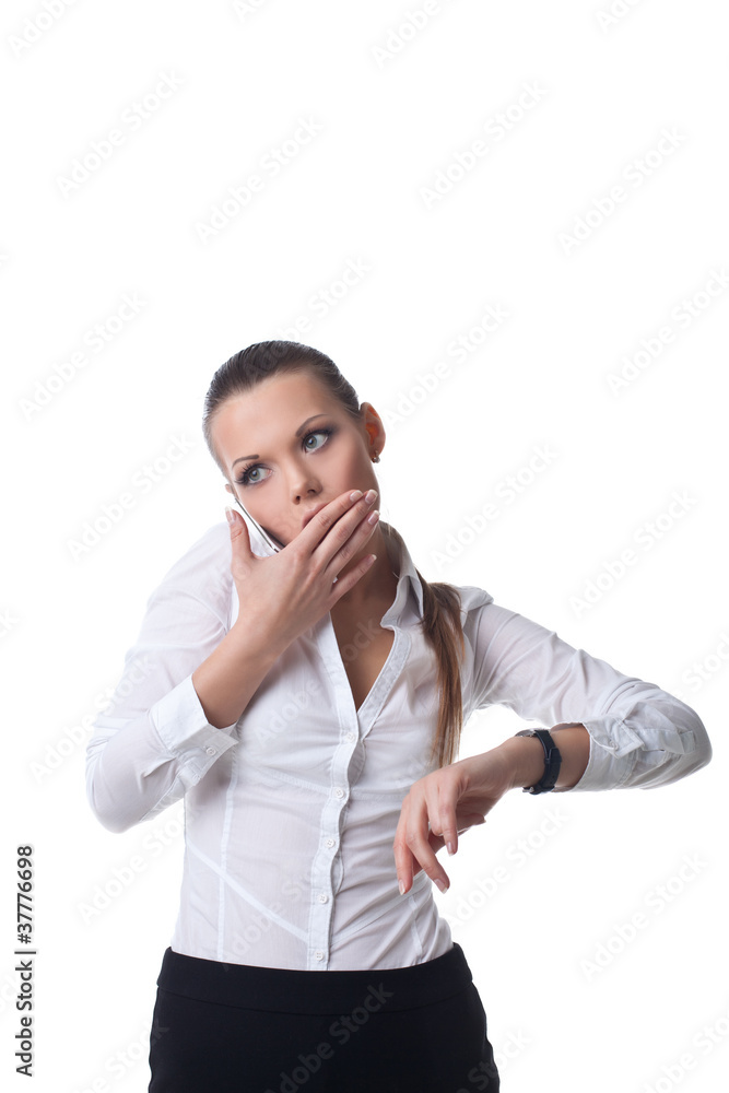 Woman talk on phone fear of time management Woman talk on phone fear of time management