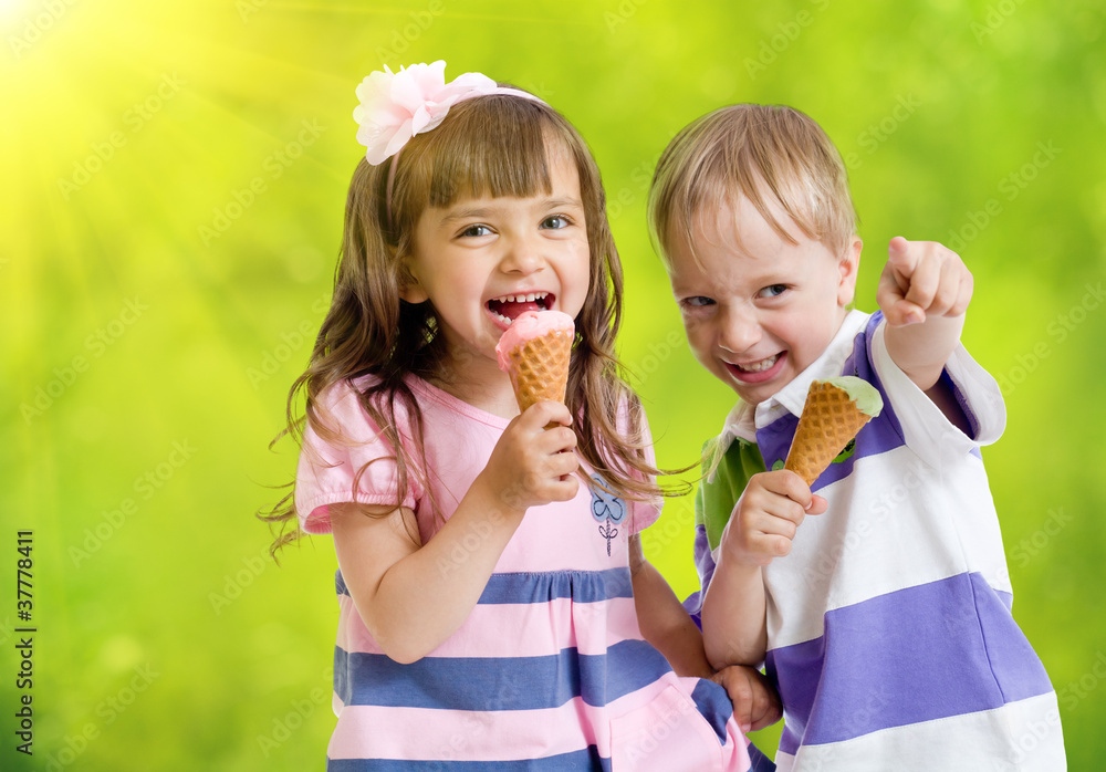 Children with icecream cone outdoor in hot summer day Children with icecream cone outdoor in hot summer day