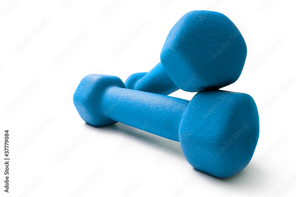 Blue dumbbells on white background Blue dumbbells on white background