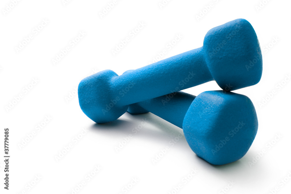 Blue dumbbells on white background Blue dumbbells on white background