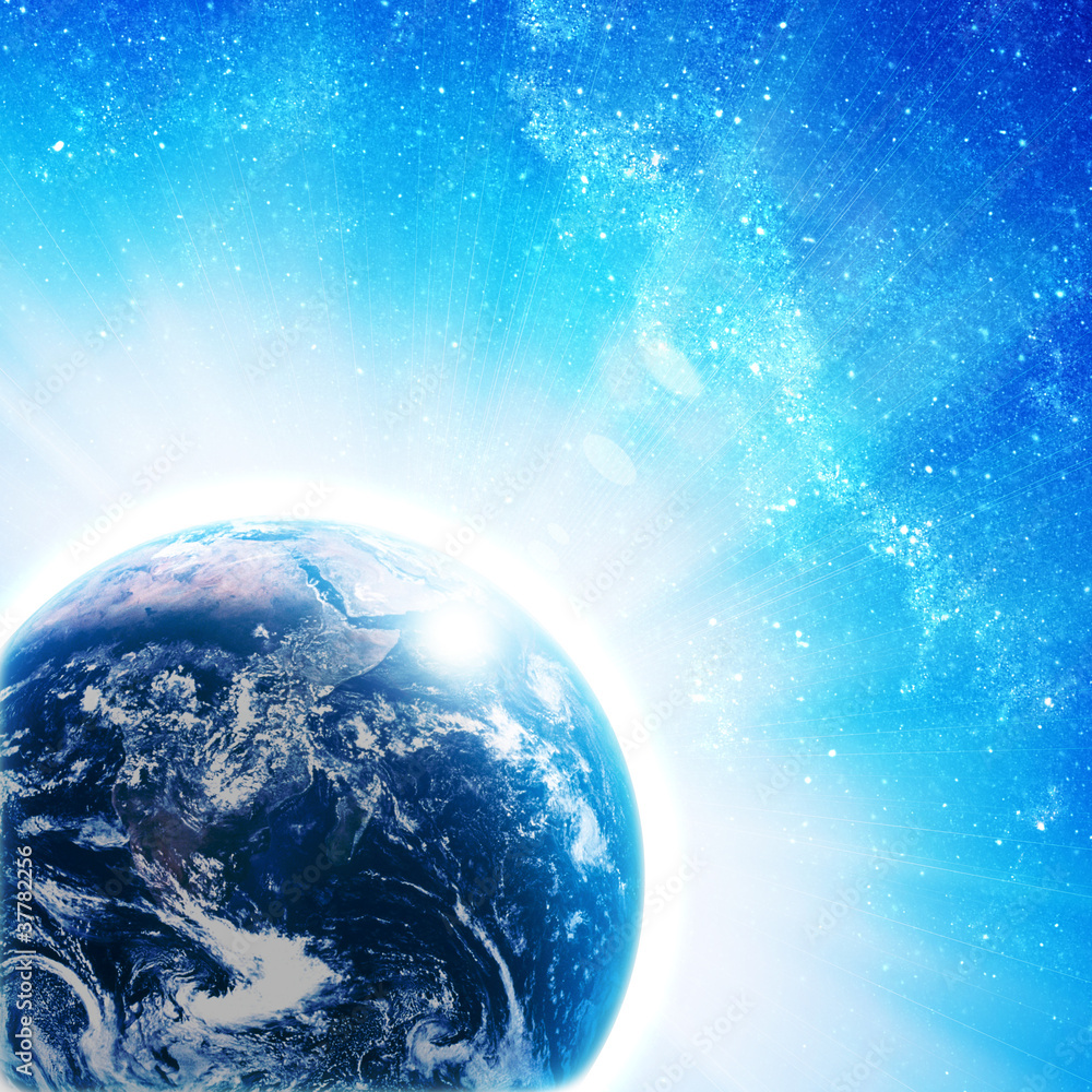 Fototapeta premium blue earth in space with rising sun
