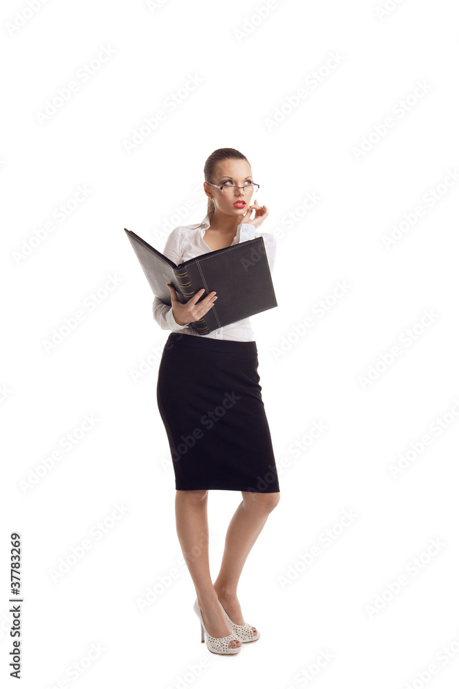 business woman stand with big ledger book isolated business woman stand with big ledger book isolated
