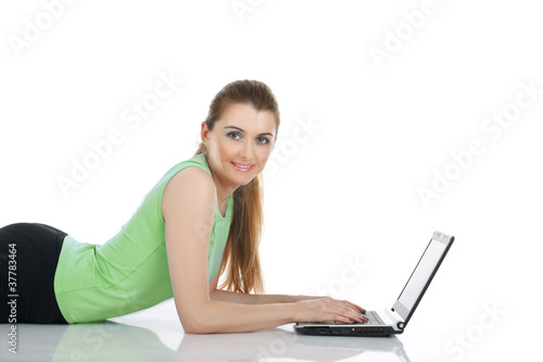 happy young woman using computer