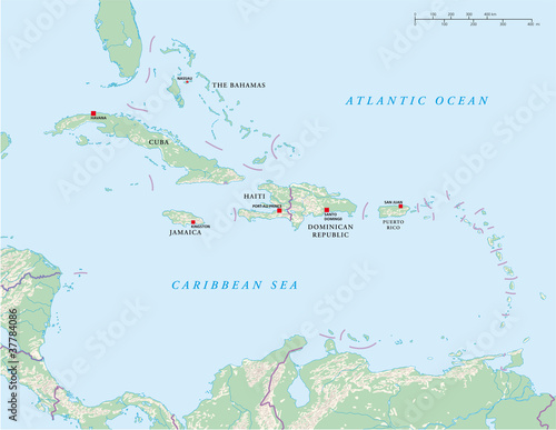 Caribbean islands political map. Greater and Lesser Antilles with capitals, national borders, rivers and lakes. Illustration with english labeling and scale. Vector.