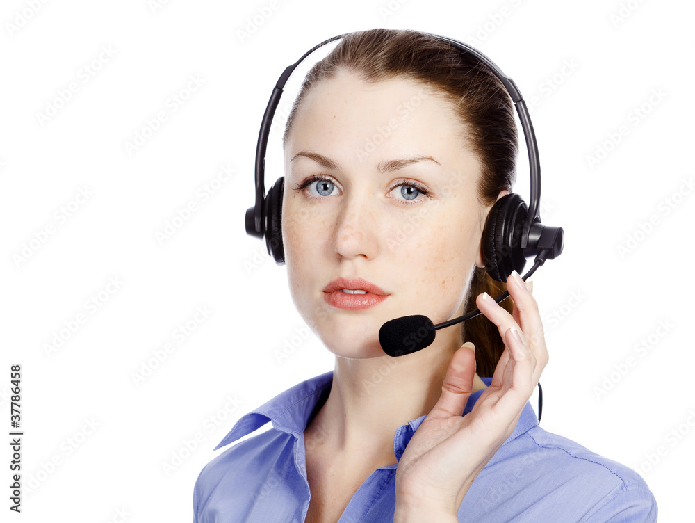 Support phone operator in headset, isolated on white