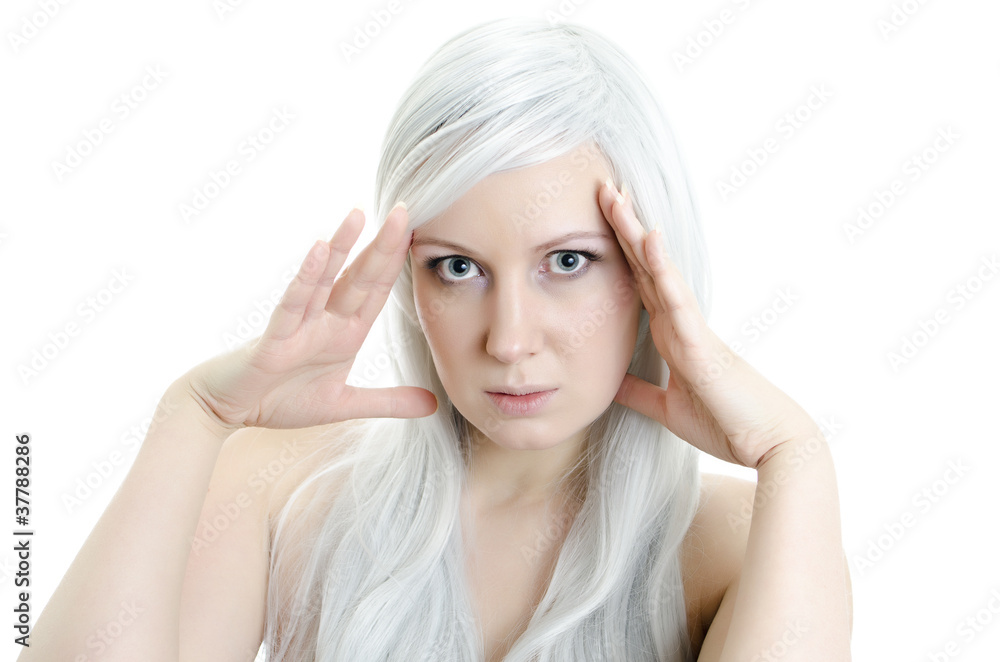 girl with hands touching the face isolated on white girl with hands touching the face isolated on white