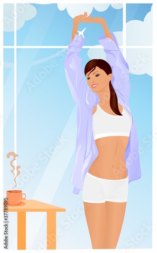 Stretching Morning Woman With Coffee