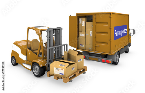 Loader and a minibus carrying a parcel with clipping path.
