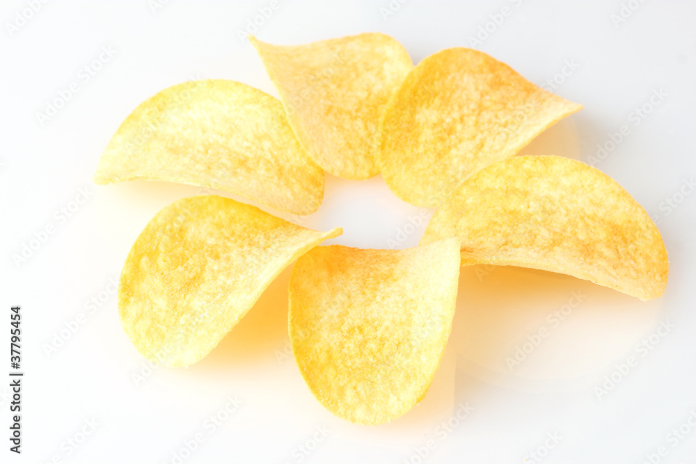 Delicious potato chips isolated on white Delicious potato chips isolated on white