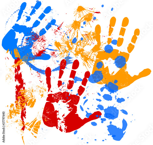 Paint splatters with silhouettes of hands, vector illustration