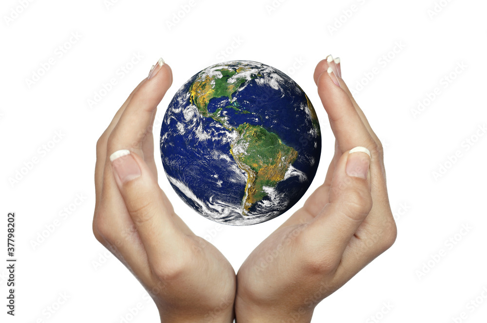 Hands holding planet Earth isolated on white Hands holding planet Earth isolated on white
