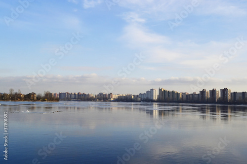 View of Neva river and microdistrict Ribatskoe, St.Petersburg © konstan