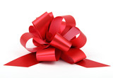 Single red ribbon plastic gift bow isolated on white background.