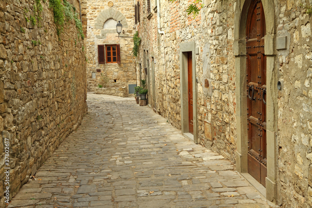 narrow  paved street and stone walls in italian village, Montefi