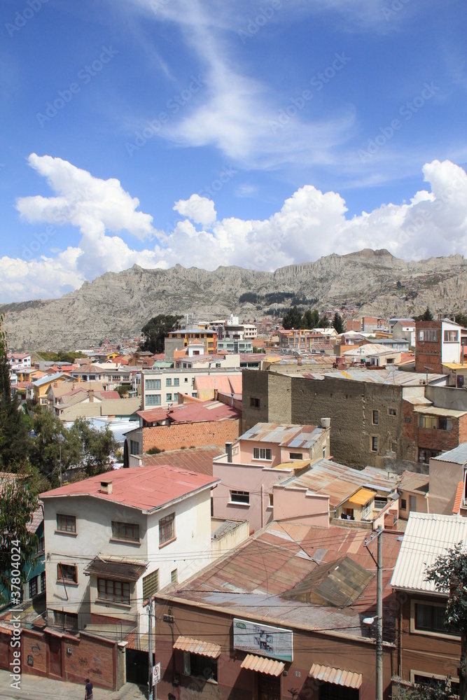 Bolivian slums under blue sky