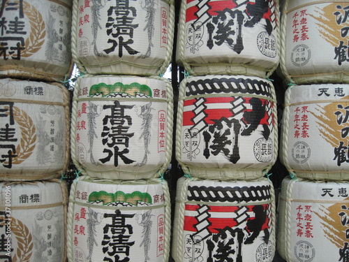 Decorative Sake Jugs Outside A Japanese Temple