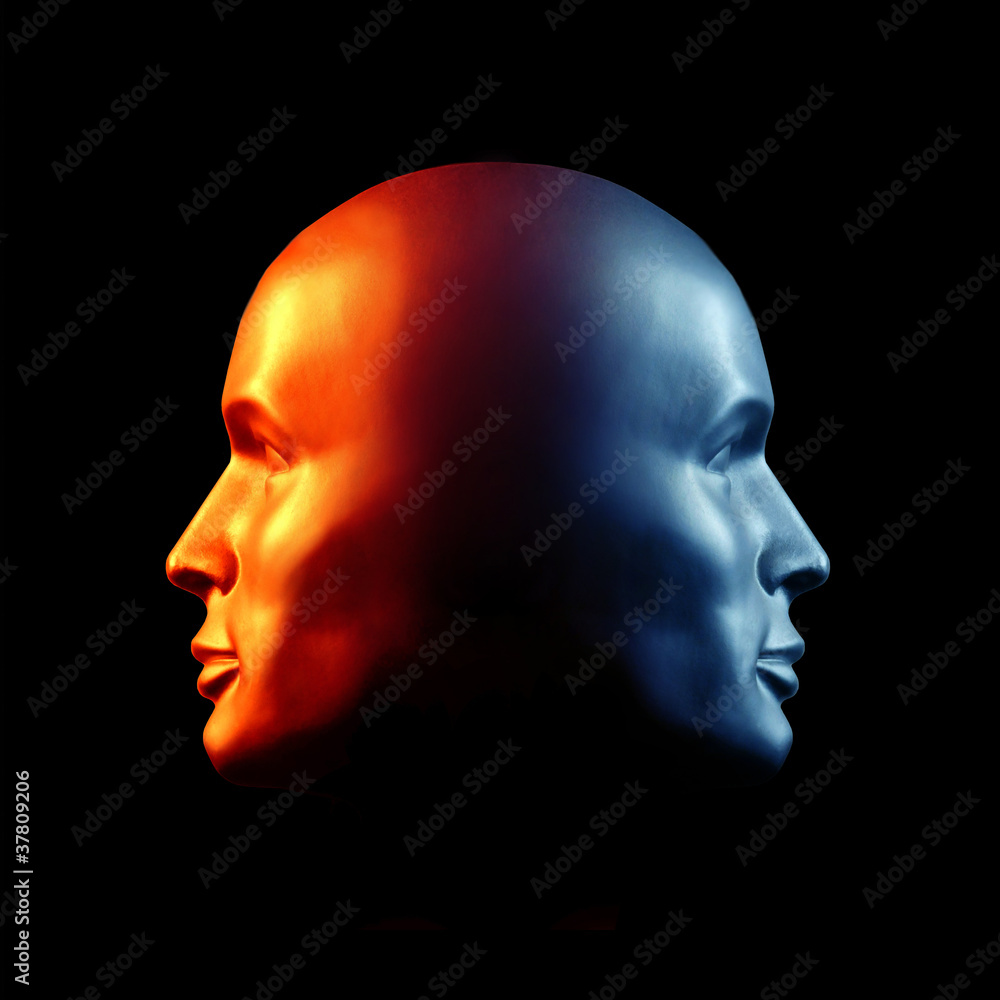 Two-faced head fire and ice statue - obrazy, fototapety, plakaty 