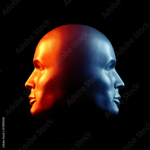 Two-faced head fire and ice statue