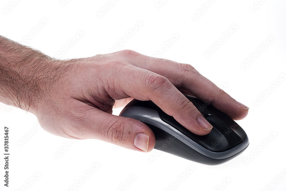 Male right hand on a computer mouse on a clear white background, wrist in view Male right hand on a computer mouse on a clear white background, wrist in view