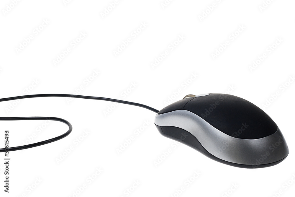 Wired mouse on white background, unbranded, with wire leading off to the left, grey and black mouse Wired mouse on white background, unbranded, with wire leading off to the left, grey and black mouse