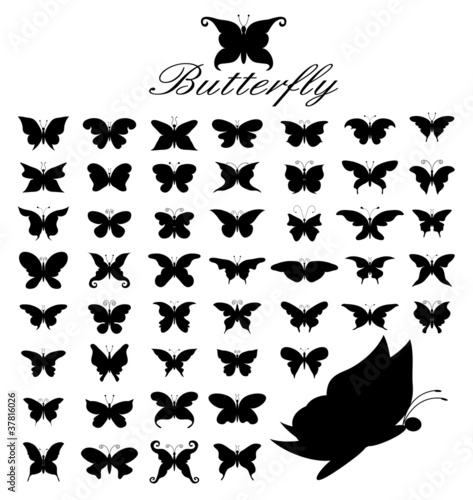 Silhouette Vector set of 50 butterflies.