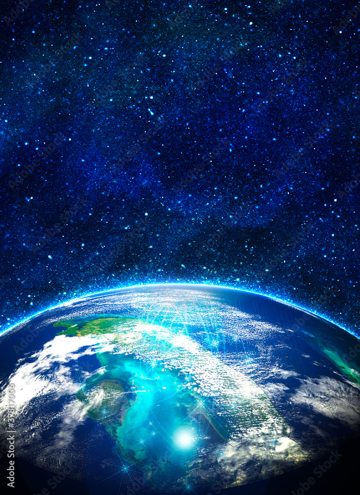 Obraz premium blue earth in space with rising sun