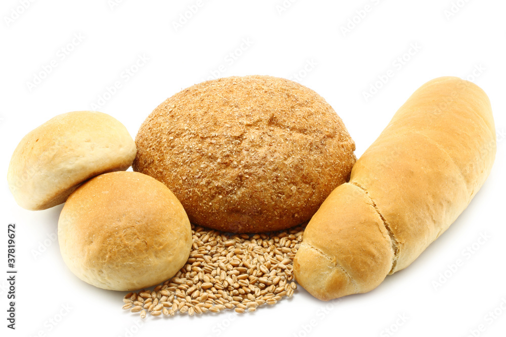 Bread and buns with wheat on a white background Bread and buns with wheat on a white background